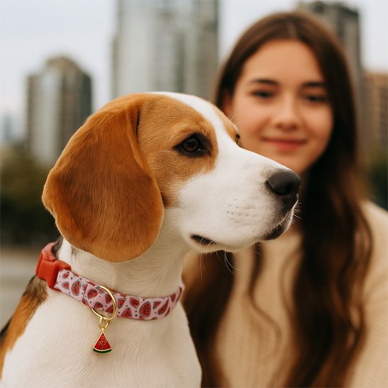 chien assis portant collier chien rouge pastĂšque