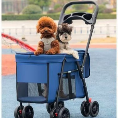 2 petits chiens dans poussette pour chien Confort Senior bleu