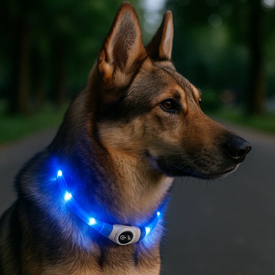 Berger portant collier lumineux chien NightSafe bleu