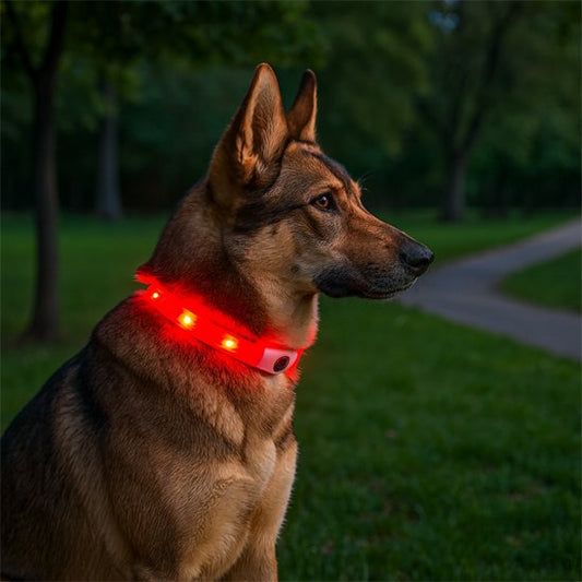 Berger portant collier lumineux chien NightSafe rouge