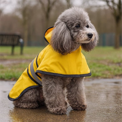 Caniche avec manteau pour chien imperméable jaune