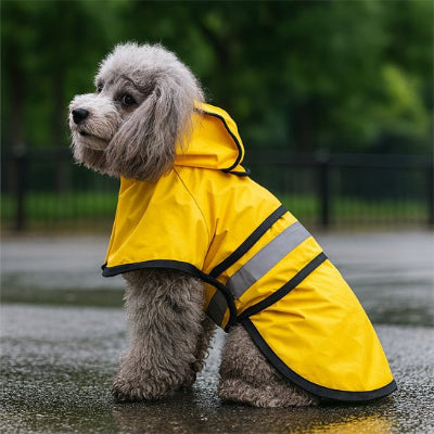 Caniche portant manteau pour chien imperméable jaune