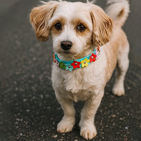 Chien avec collier pour chien fleurs