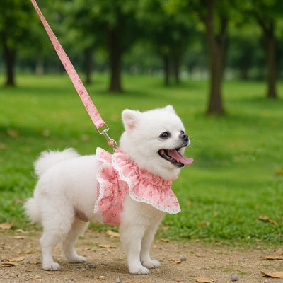 chien avec harnais petit chien fleuri-rose