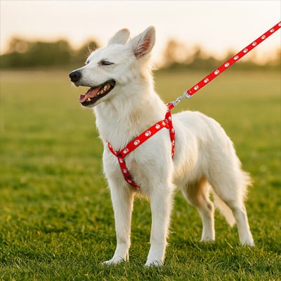 chien debout dans herbe portant harnais chien imprimé pattes- rouge