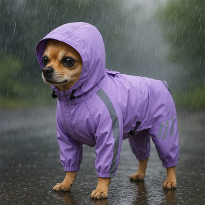 Chien portant manteau pour chien imperméable et réfléchissant violet