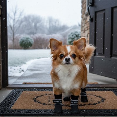 Chihuahua portant chaussure pour  chien  imperméable noir