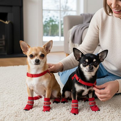 Chihuahuas assis portant chaussure pour  chien imperméable