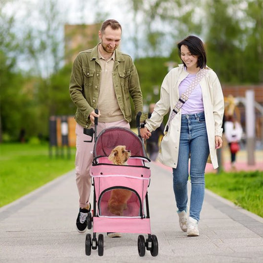 famille balade petit chien dans poussette pour chien ConfortMobility rose
