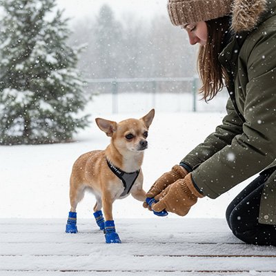 Femme arrange  chaussure pour hien imperméable