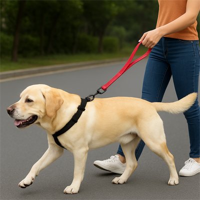 femme balade chien portant laisse de chien Ergo-Comfort rouge