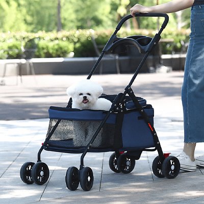 femme balade petit chien dans poussette pour chien Confort Voyage bleu