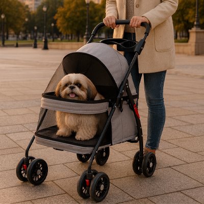 femme balade petit chien dans poussette pour chien Confort Voyage gris