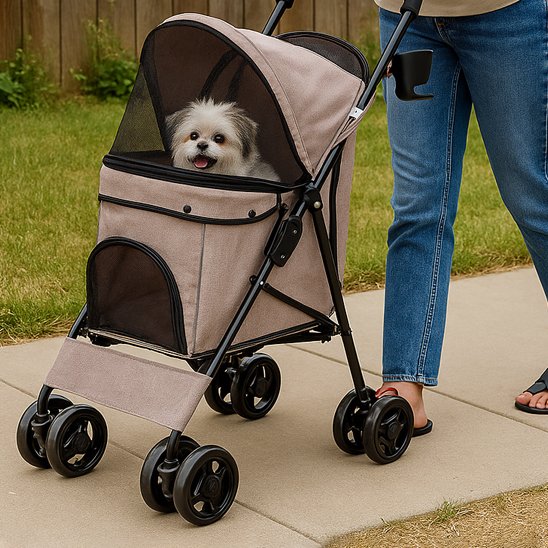 femme balade petit chien dans poussette pour chien ConfortMobility beige