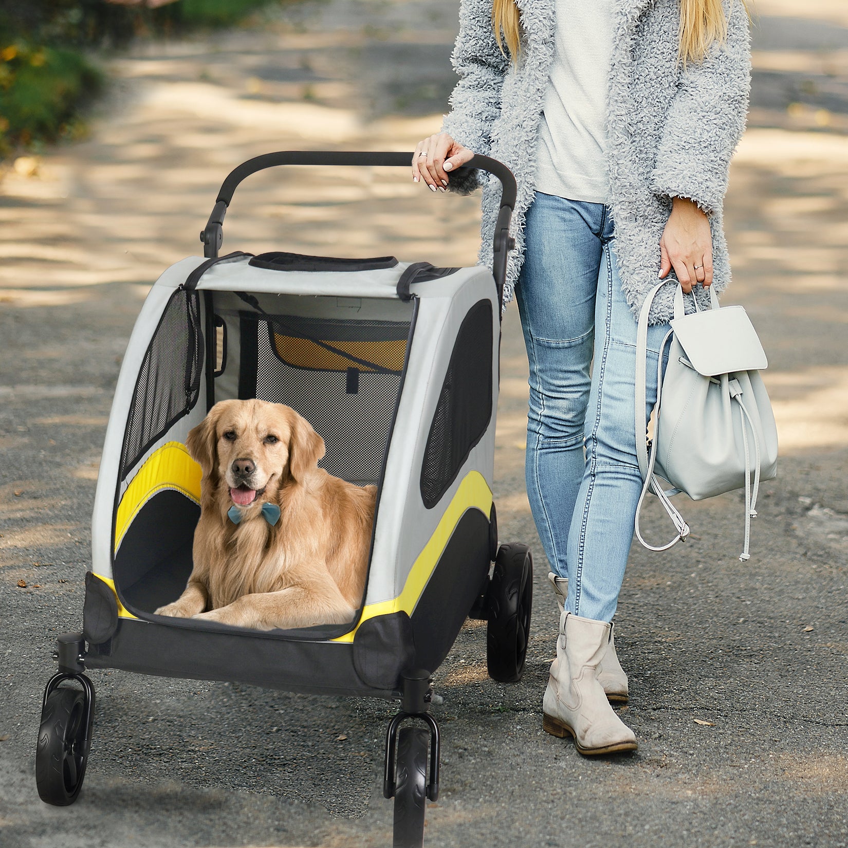 femme et chien couché dans poussette à chien GreatPetStroller™
