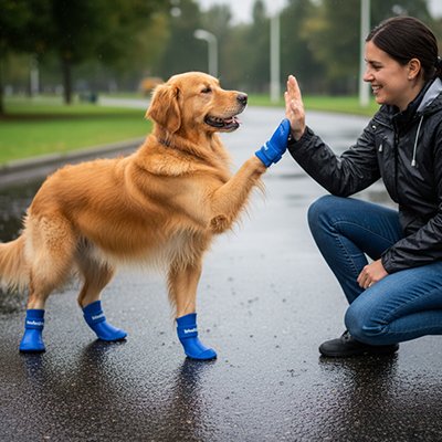 Femme, hi 5 avec chien portant bottes pour chien PawProtect