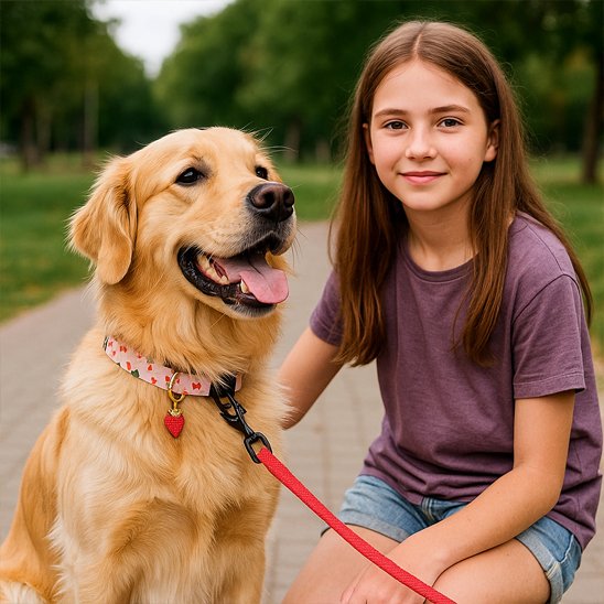 fille avec chien portant collier chien rose fraise