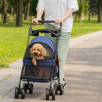 homme balade petit chien dans poussette pour chien Confort Voyage bleu