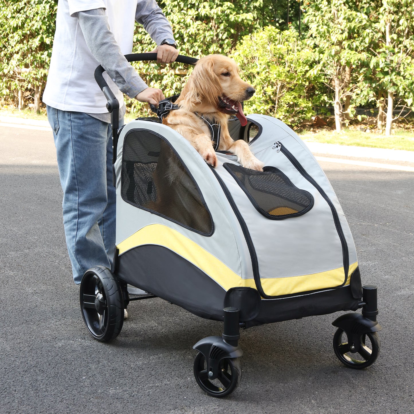 homme marche  avec  chien assis dans poussette à chien GreatPetStroller™
