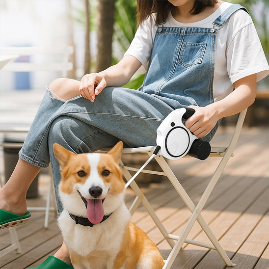 laisse pour chien LED et sac poubelle chien assis près de la chaise maitraisse