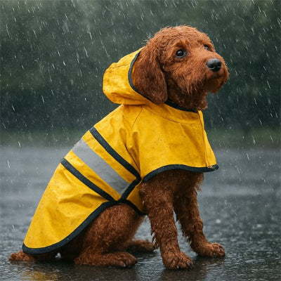 Manteau pour chien imperméable jaue, chien sous la pluie