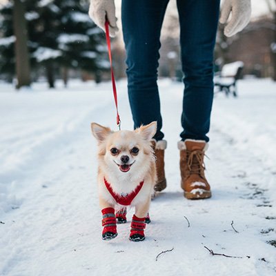 Nieige; Chihuahua portant chaussure pour chien imperméable