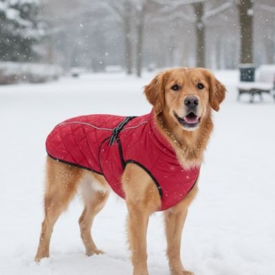 Neige,  Labrador beige portant manteau chien imperméable ajustable rouge