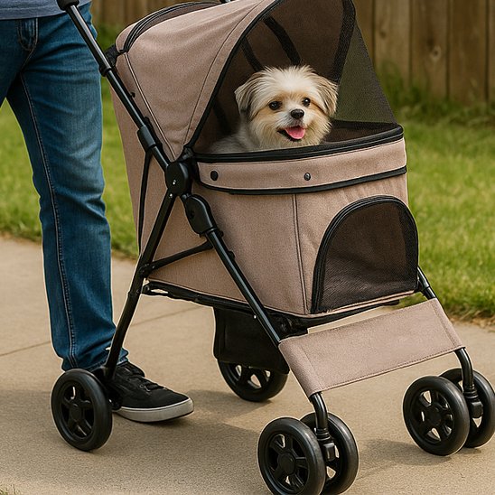 petit chien dans poussette pour chien ConfortMobility-beige