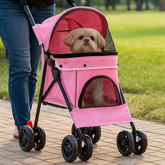 petit chien dans poussette pour chien ConfortMobility rose