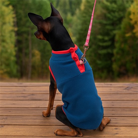 Pinscher assis  portant manteau pour chien Cozy