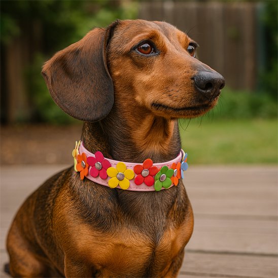 Teckel avec collier pour chien fleurs