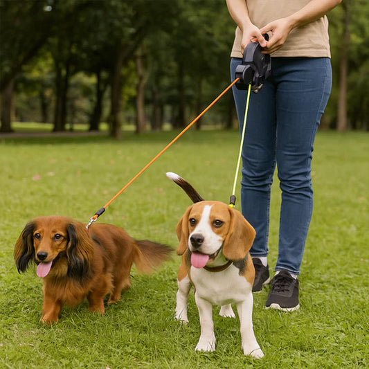 teckel beagle au parc avec laisse pour chien enrouleur double
